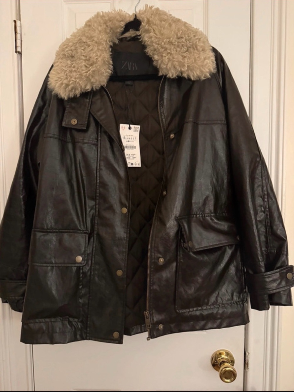 Zara Dark Brown Faux Leather Jacket with Cream Sherpa Collar